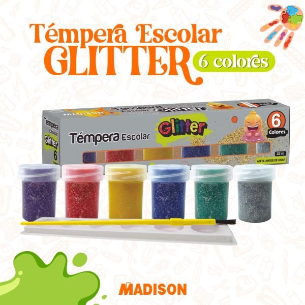 TEMPERA MADISON CON GLITTER X6 COLORES +PINCEL